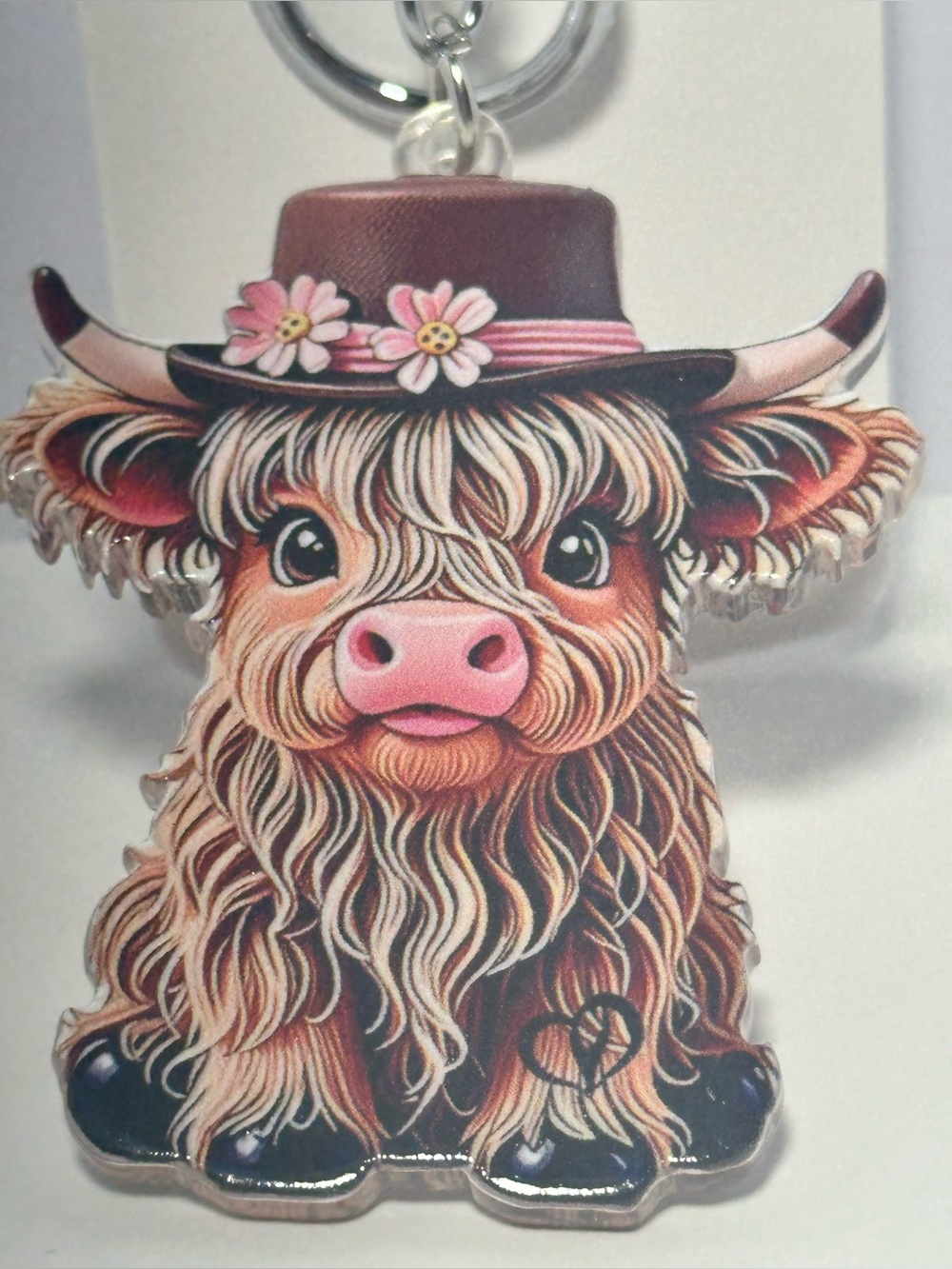 Cute Highland Cow Keychain - Brown, Pink Accent